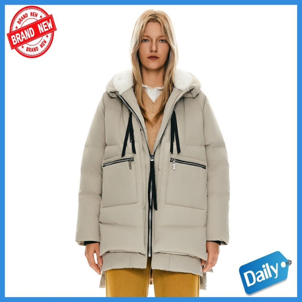 Women's Mid-Length Puffer Jacket, 90% Down, 6 Pockets, Fleece Hood